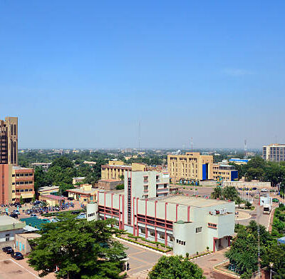 Ouagadougou city center - skyline with the Central Bank of West African States (BCEAO) tower, the City Hall, the Social Security and several other downtown government buildings - Burkina Faso